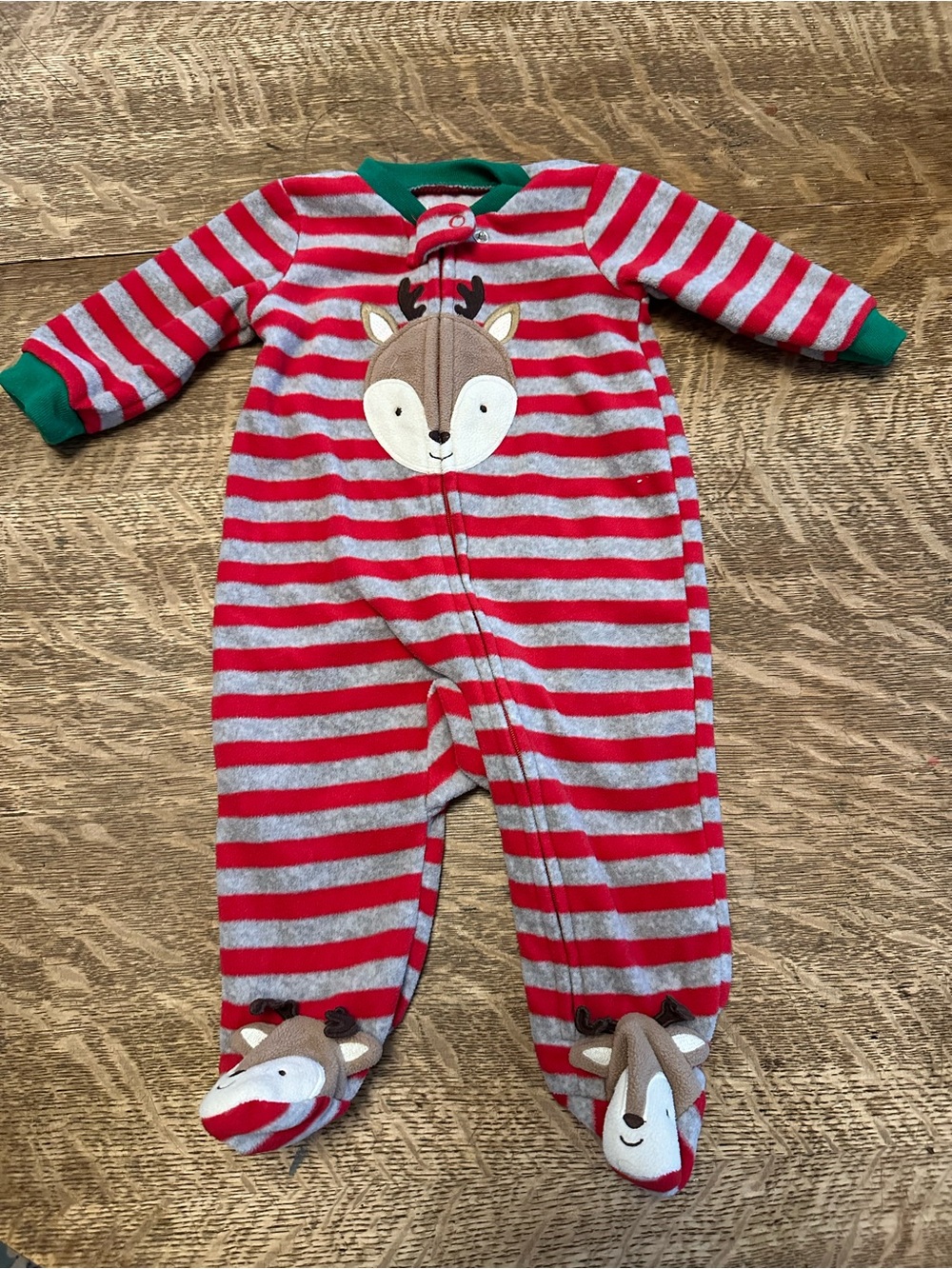 Carter’s Red & Gray Striped One-Piece Sleepsuit with Reindeer Applique